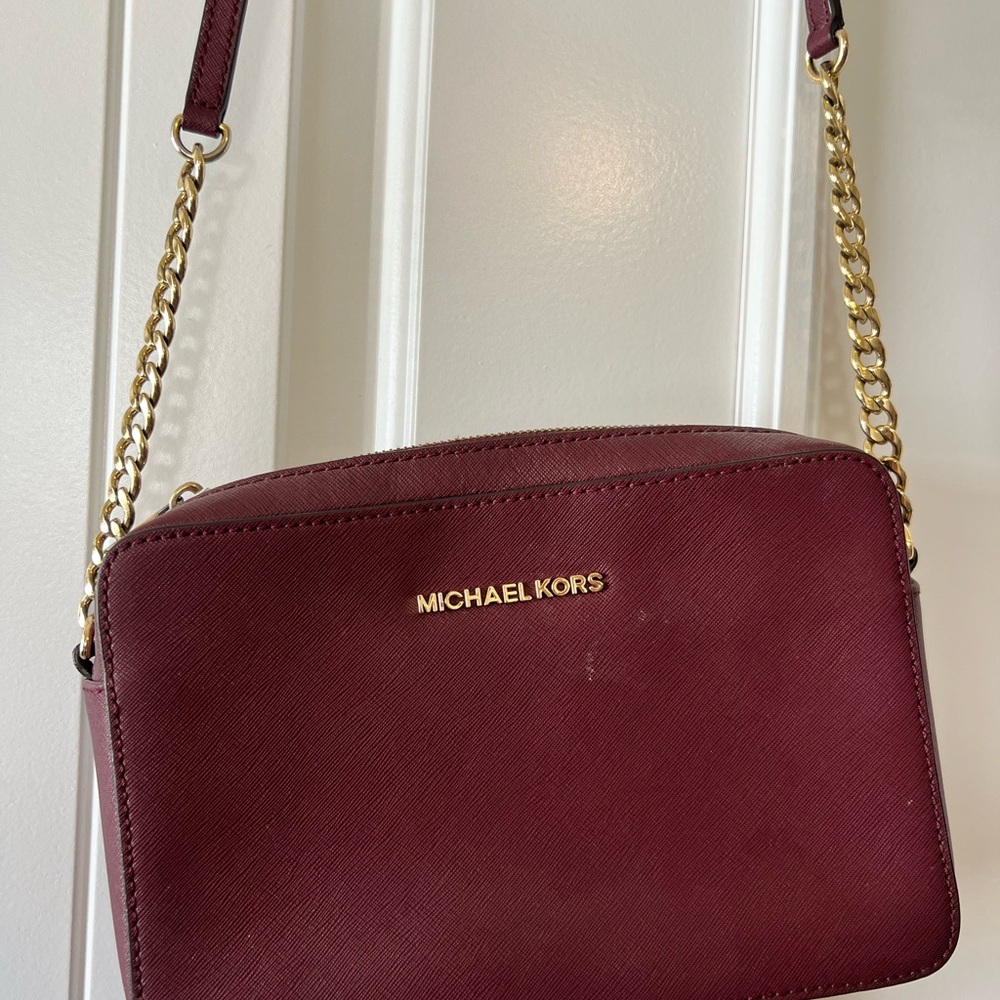 Michael Kors Wine Crossbody Bag with Gold Chain